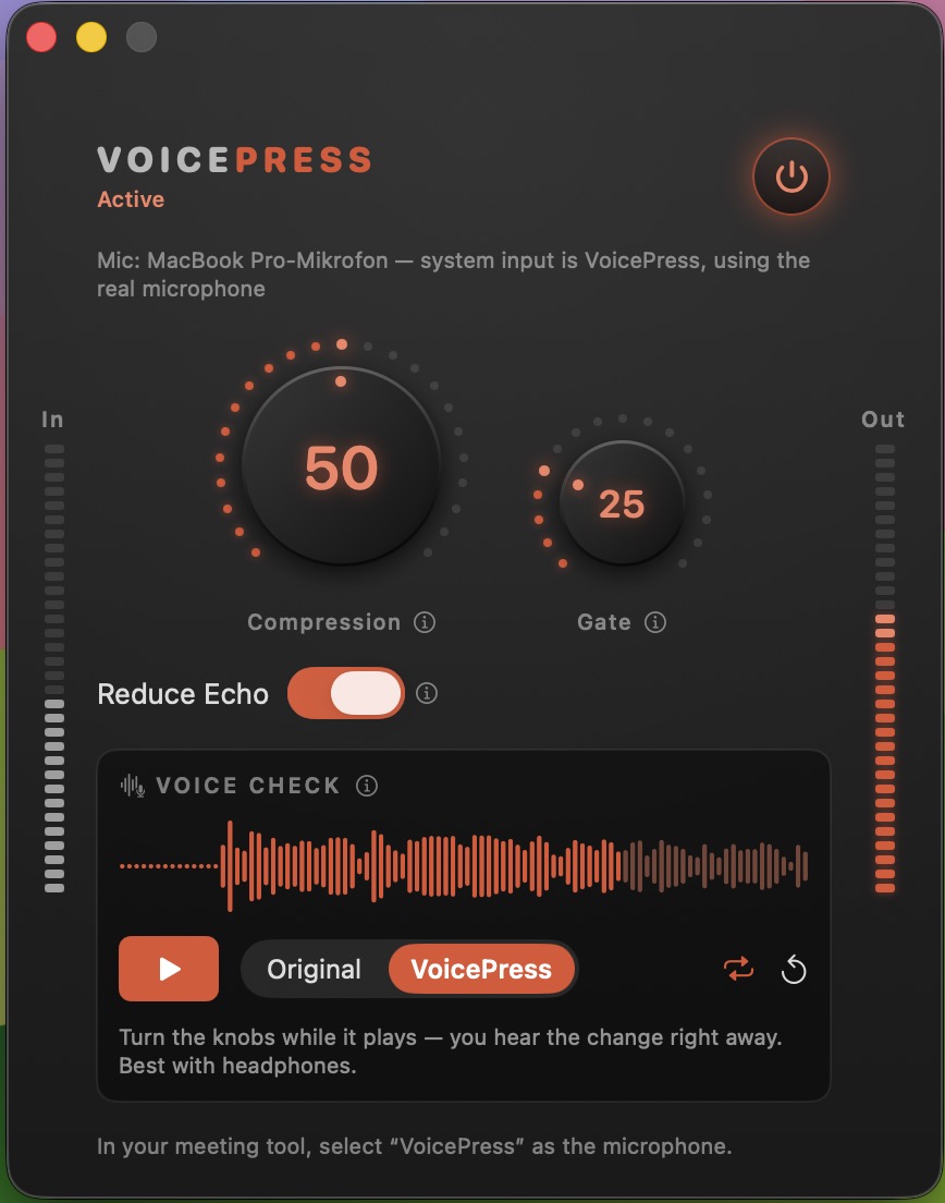 The VoicePress app: Compression and Gate knobs, a Reduce Echo & Noise switch, and a built-in Voice Check with original/processed A/B playback